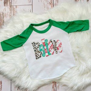 toddler Christmas shirt - Believe, green sleeves